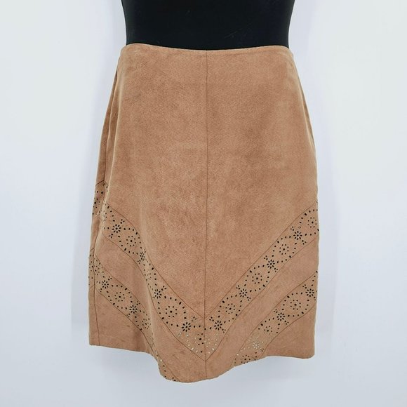 The Limited Skirt 10 Brown Tan Faux Suede Laser Chevron Cutout Zip Back Unlined - Picture 1 of 11